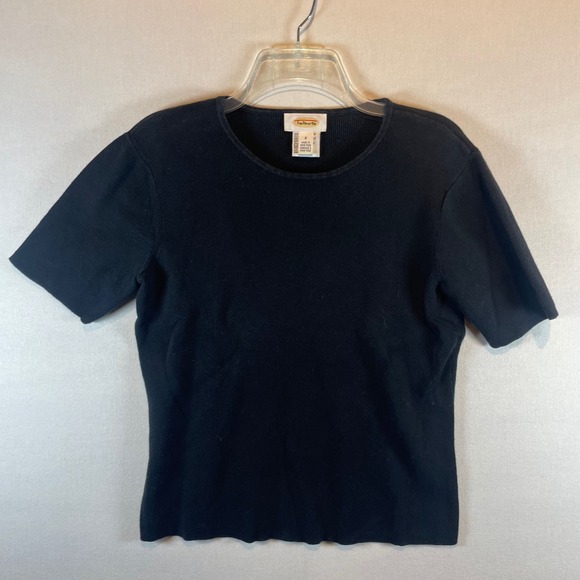 Talbots Black 100% Cotton Ribbed Short Sleeve Crew Neck Knit Top Small - Picture 2 of 8